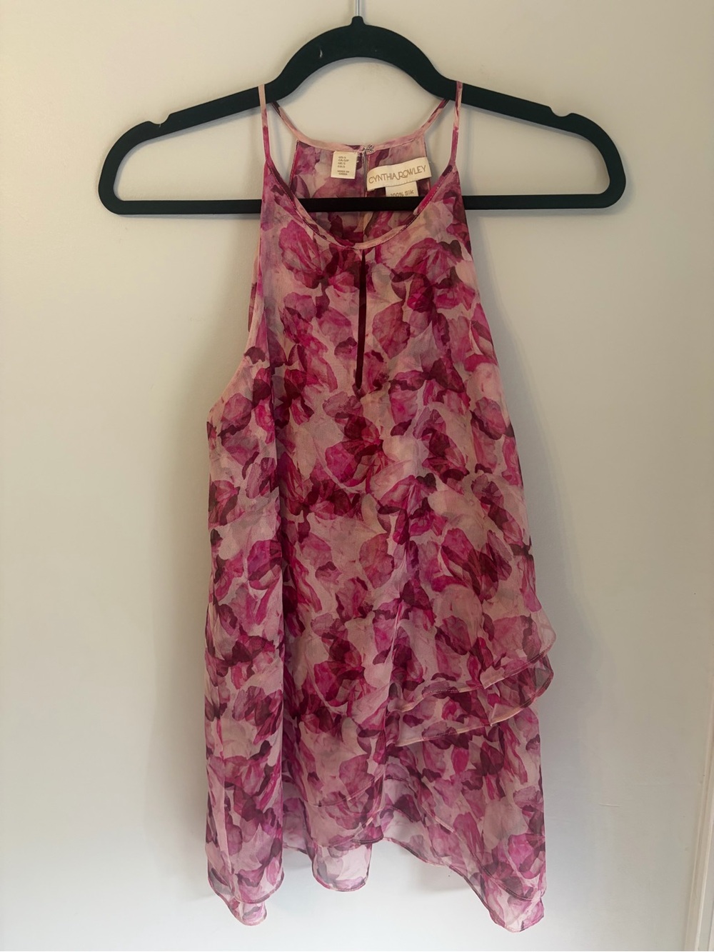 Cynthia Rowley Pink Floral Halter Silk Feminine Ruffle Tier Tank Size S